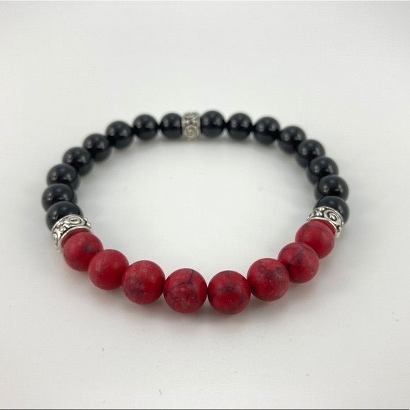 Hand Crafted Jewelry - Obsidian and Red Howlite Stretch Bracelet, Handmade, 8mm Stones, 8" Long